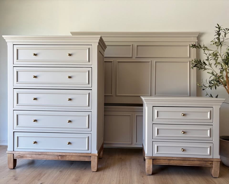 Queen Bed Frame, 1 Nightstand and Tall Dresser - Bedroom Set