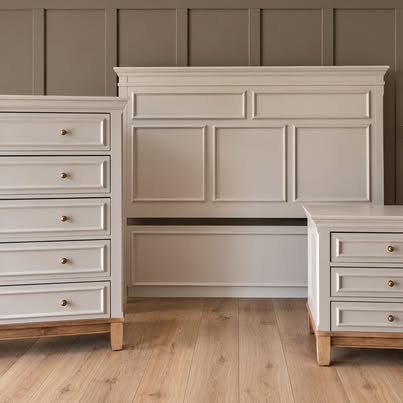 Refinished queen bedroom set in neutral taupe by Retrodern, Longwood FL