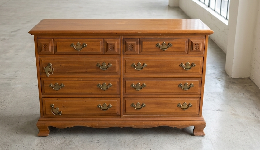 Wooden dresser with brass handles in a room with large windows and concrete floor.